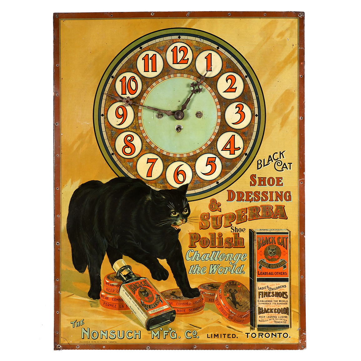 Lot 4). Black Cat Shoe Polish Clock 